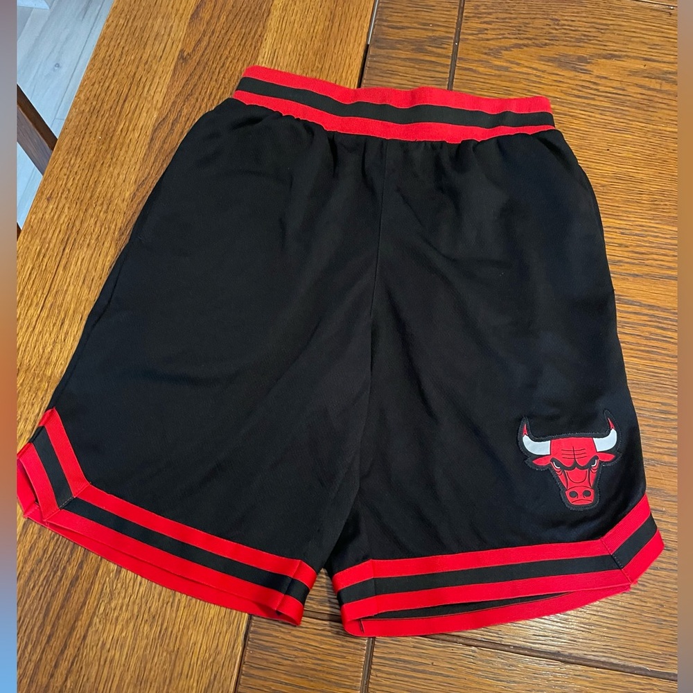 Men's Black Athletic Shorts with Red Trim and Bull Patch